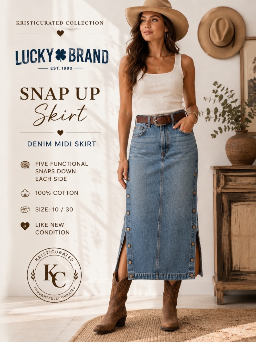 Lucky Brand Snap Up Denim Midi Skirt Size 10/30 Side Snaps Western